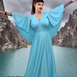 NWT 70s Aqua Blue Maxi Dress Disco Cape Halter Vintage Lounge Pinup MCM Boho 8